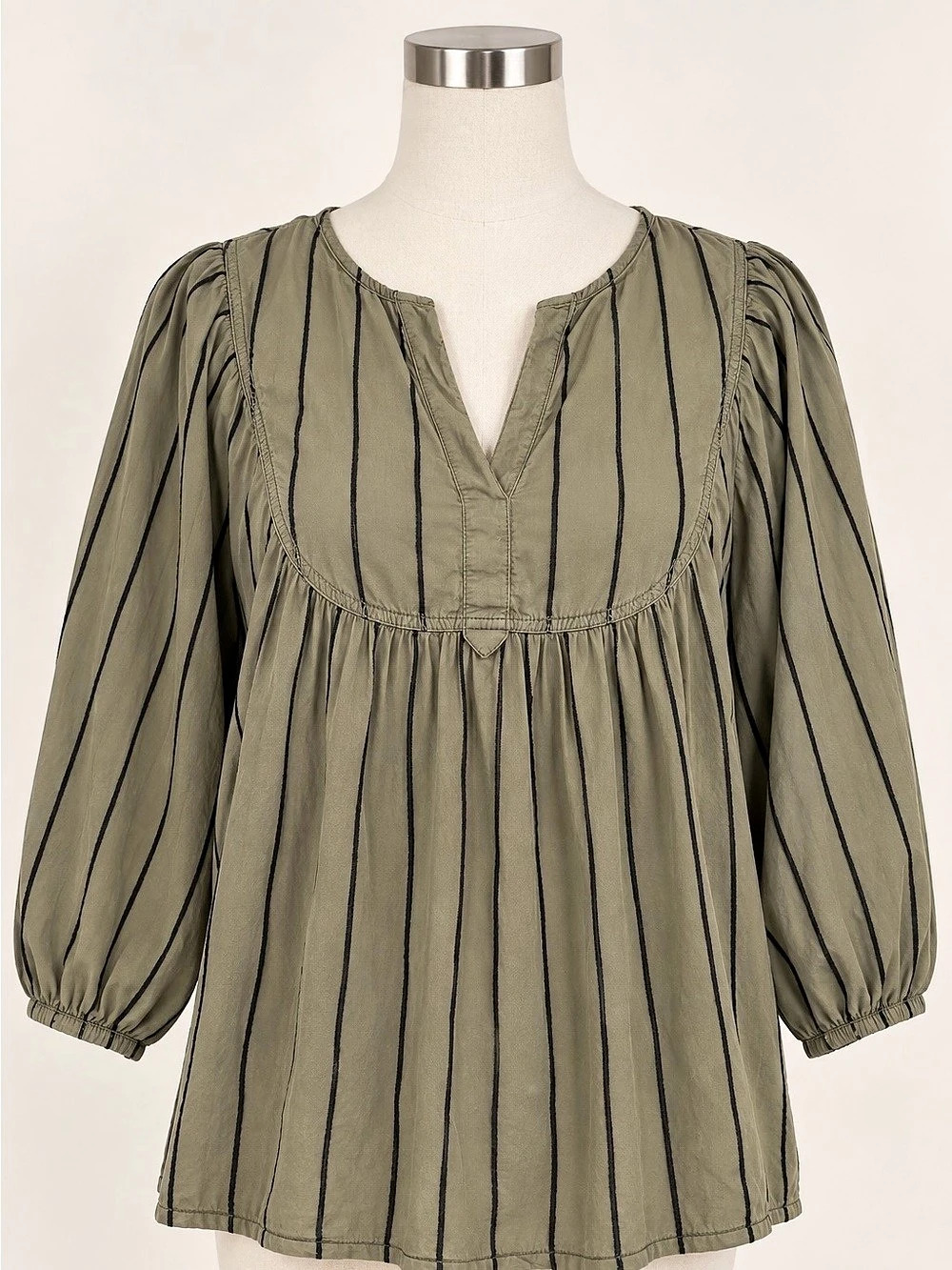 Lou & Grey XL Olive Black Stripe Cotton Peasant Blouse Split Neck 3/4 Sleeve